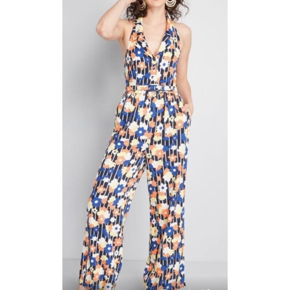 MODCLOTH LINEN BLEND FLORAL HALTER JUMPSUIT SIZE MEDIUM - Picture 13 of 14